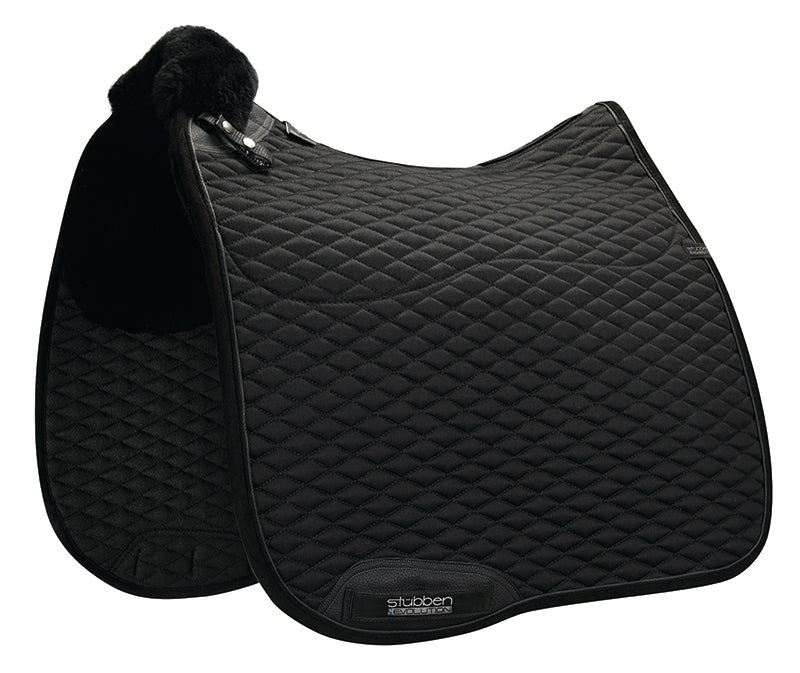 Stübben Streamline sheepskin saddle pad shaped specifically for dressage saddles.