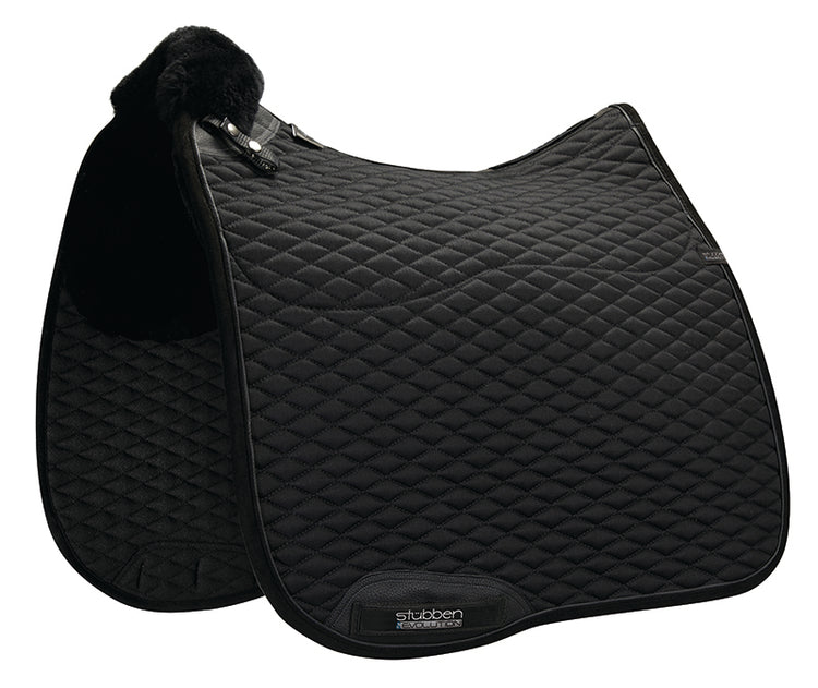 Stübben Streamline sheepskin saddle pad shaped specifically for dressage saddles.