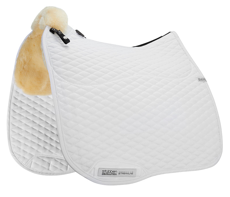 Stübben lambswool dressage saddle pad designed for horses and dressage saddles.