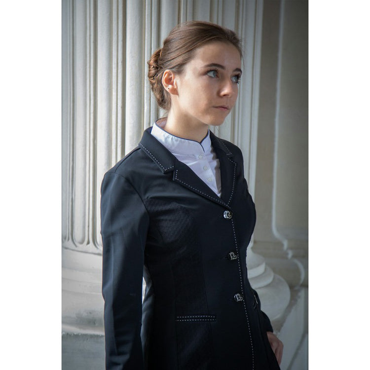 Technical stretch horse show jacket for comfort and freedom of movement.