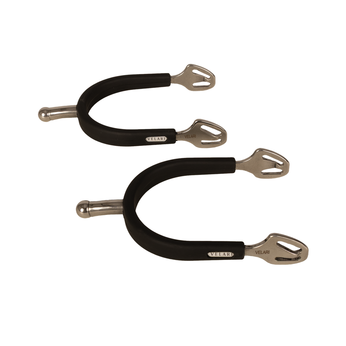 Velari rubber-coated ball-end spurs designed to protect riding boots