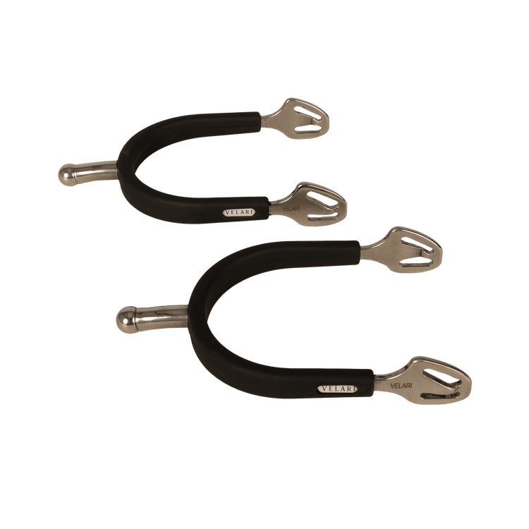 Velari rubber-coated ball-end spurs designed to protect riding boots