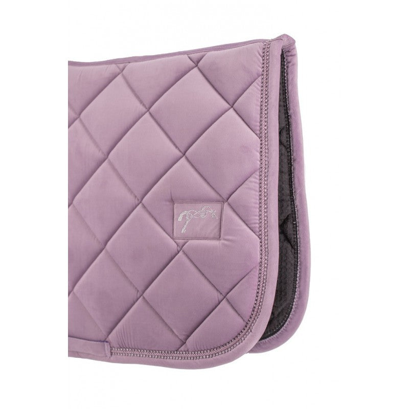 Velvet equestrian saddle pad with decorative twisted piping around the edge.