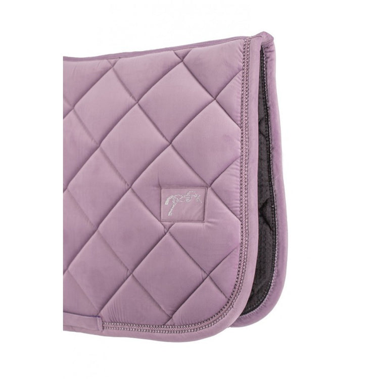 Velvet equestrian saddle pad with decorative twisted piping around the edge.
