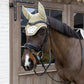 Velvet horse print fly veil designed to protect the ears against flies