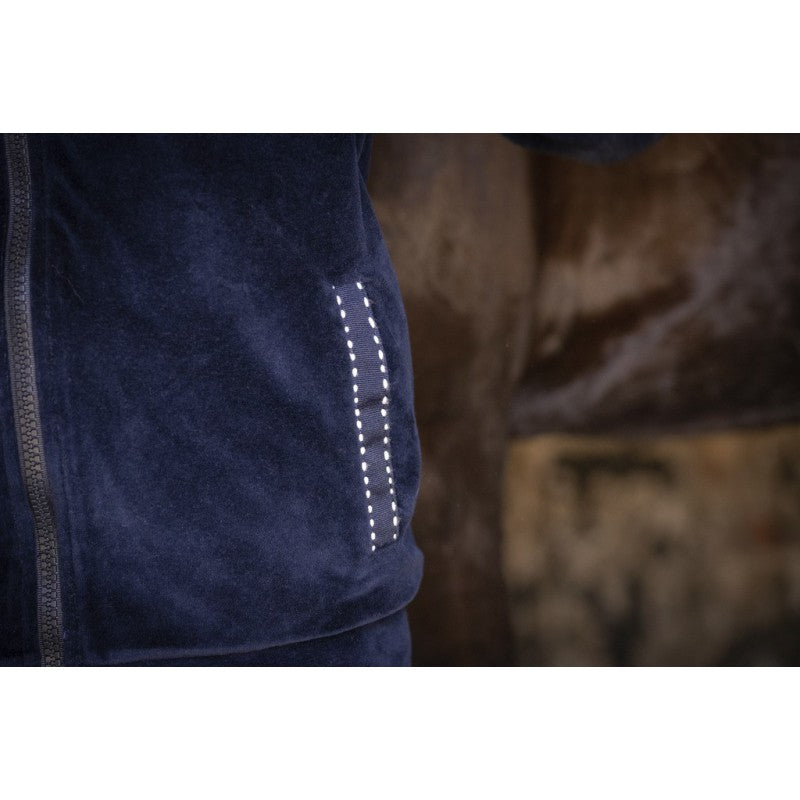 Soft velvet hoodie for horse riders during stable and leisure activities.