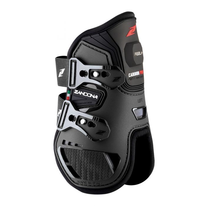 Sleek side profile of the Zandona Carbon Pro Feel+ fetlock guards.