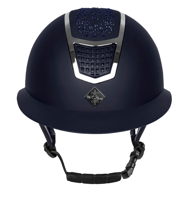 navy blue riding helmet with large shield