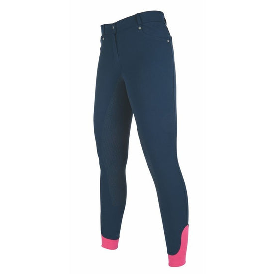 deep blue riding breeches with pink details