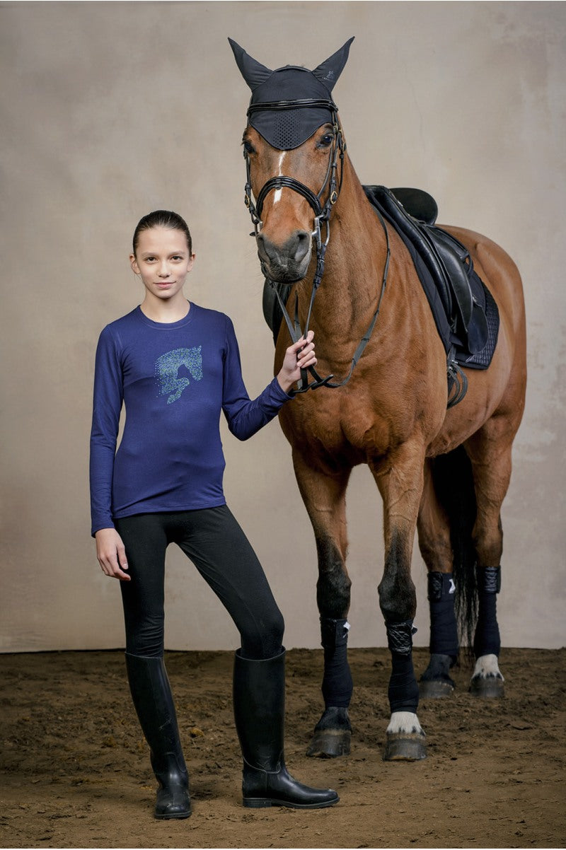 Riding Top for Kids Long Sleeve Sparkle - this soft, cotton based T-Shirt offers an outstanding wear for the young riders. It finished with colorful rhinestone jumping horse decoration on the chest. Proudly sport your discipline or just show your love for horses, this top is perfect to the stable or to the school. This top is a real wardrobe essential. The four way stretch fabric with Lycra is easy to wash and never loses its shape. Available in short and long sleeve.  