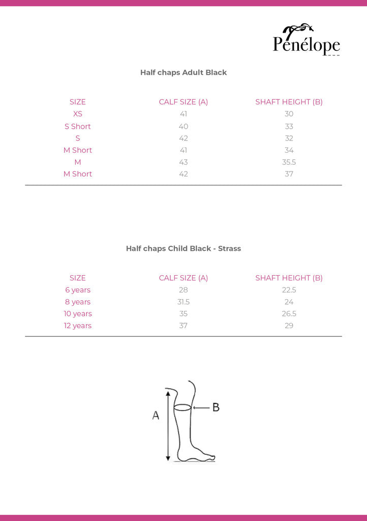 PENELOPE riding chaps size chart