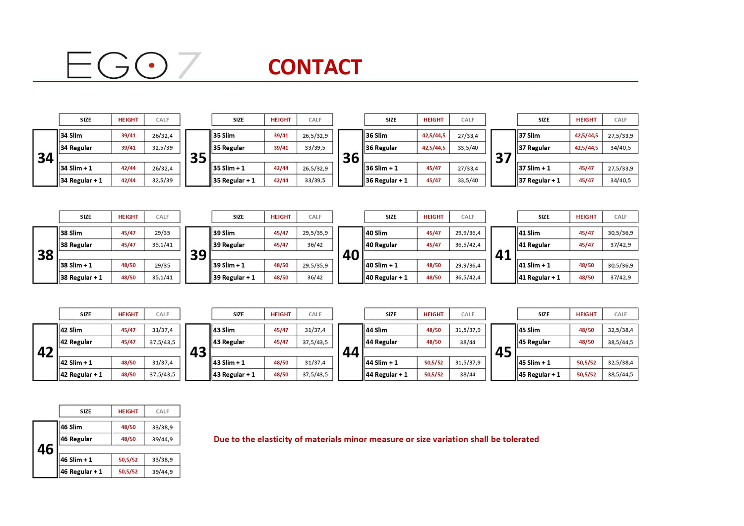 ego7 contact boots size chart