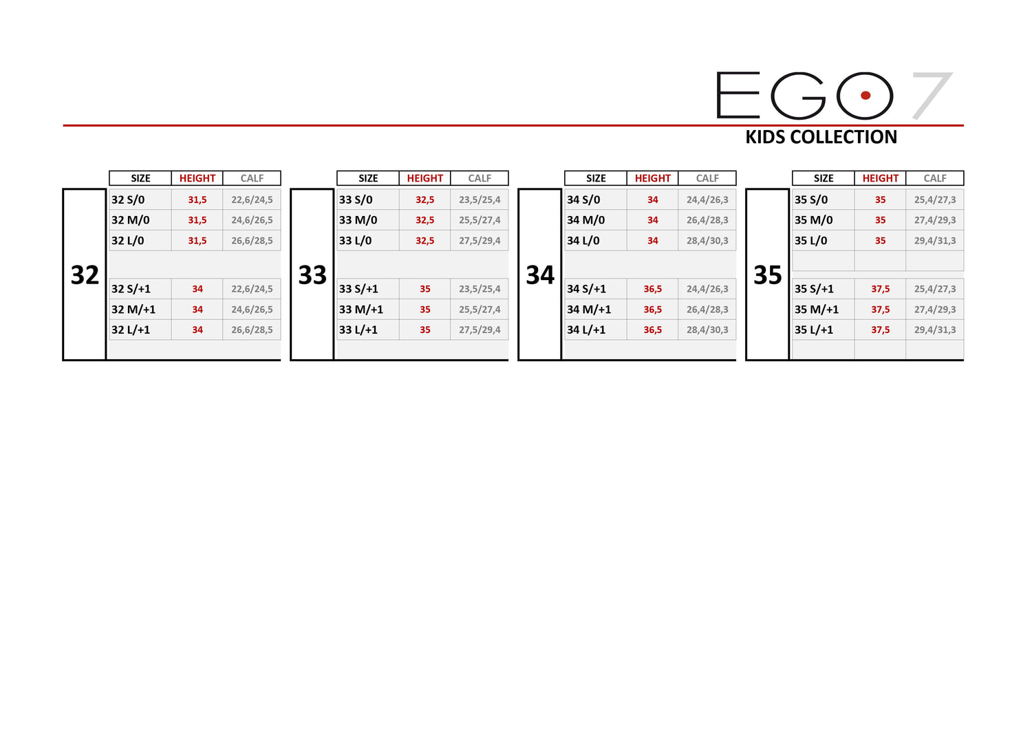 Ego7 childrens boots size chart