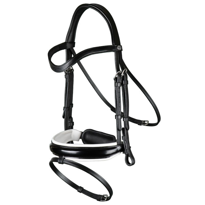 Patent black with white dressage bridle