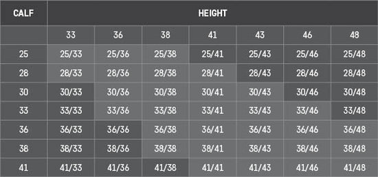 GP Suede Half Chaps size chart