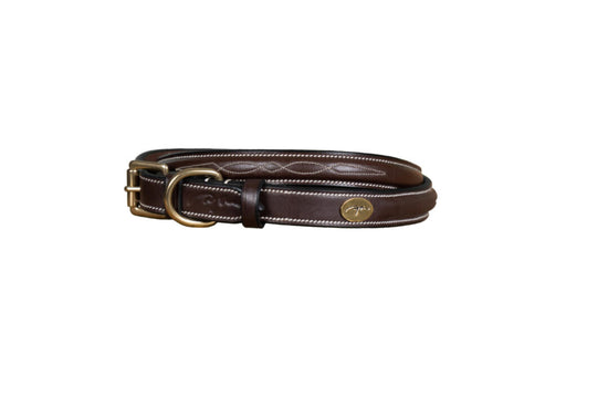 Brown Leather Dog Collar with cream stitching and brass buckle