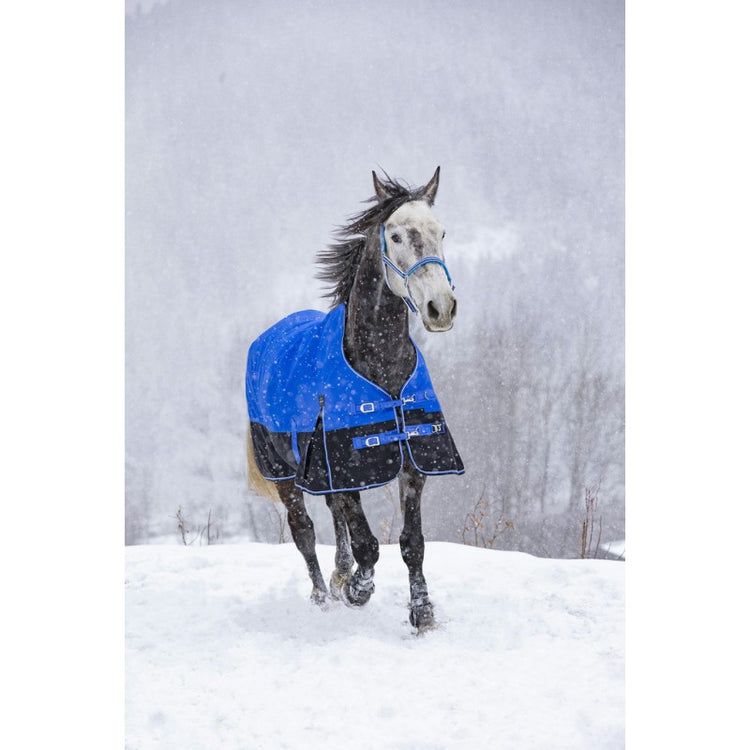 turnout rug with Quick release EasyClip chest closure reinforced with self-gripping bands, with size indication on rubber patch.
