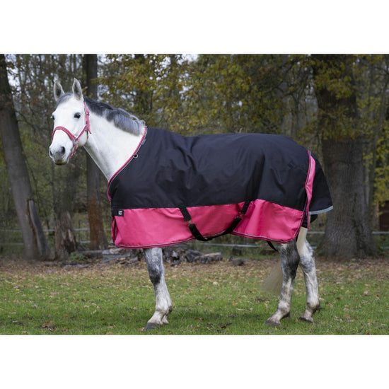 black and pink turnout rug very large waterproof tail flap with integrated reflective strap