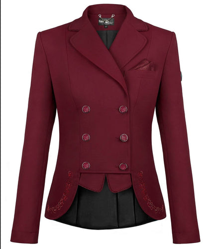 Fair Play Lexim Chic Short Dressage Tailcoat in Burgundy with breathable stretch fabric and elegant feminine fit.