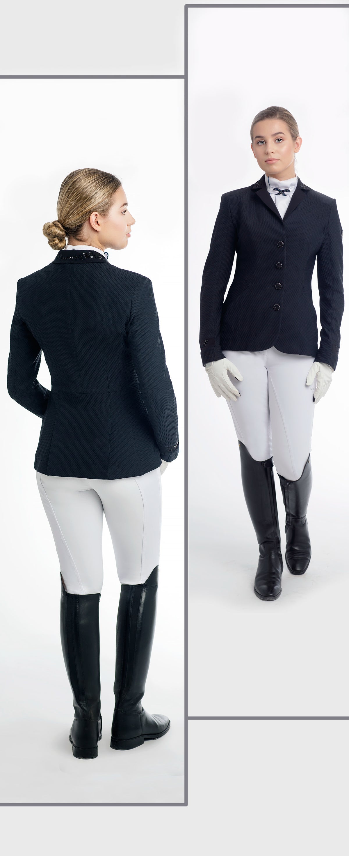 Fair Play Taylor Chic crystal riding jacket with decorated collar and cuffs, snap pockets and two back vents.