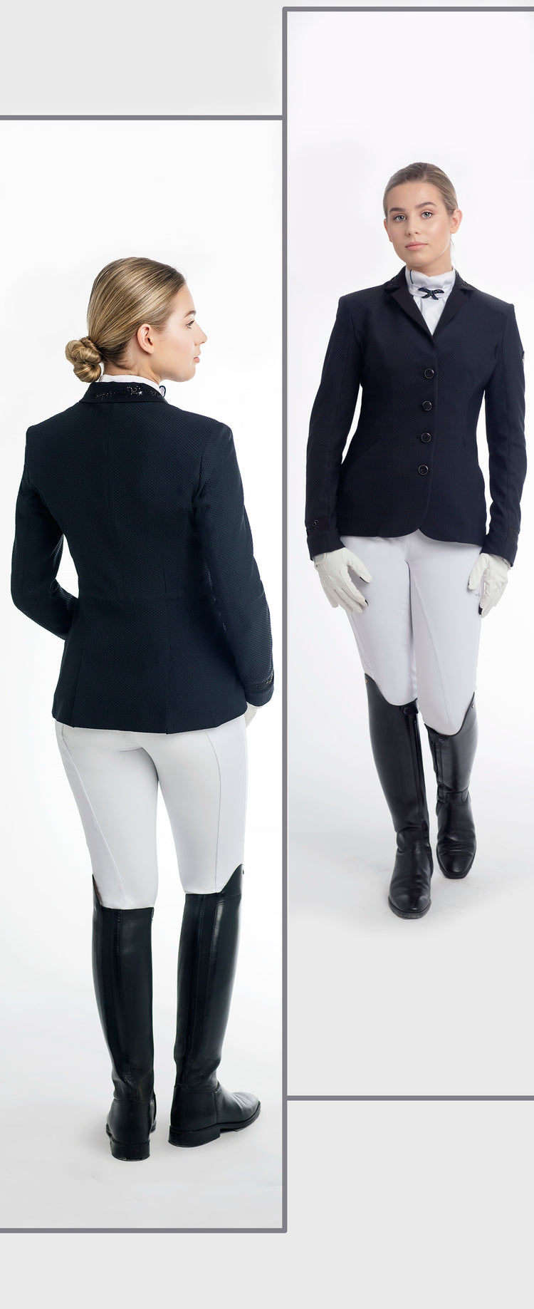 Fair Play Taylor Chic crystal riding jacket with decorated collar and cuffs, snap pockets and two back vents.