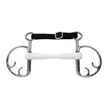Flexible synthetic mouthpiece Kimblehook horse bit with curb chain action and adjustable rein positioning.