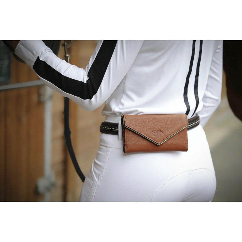 Horse riding phone pouch for convenient smartphone storage.
