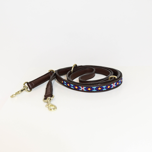 Blue dog lead with artificial leather gold details and bead