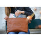 Leather computer bag with zip closure for work and everyday use.