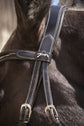 Leather horse bridle with matching reins for training and competition.