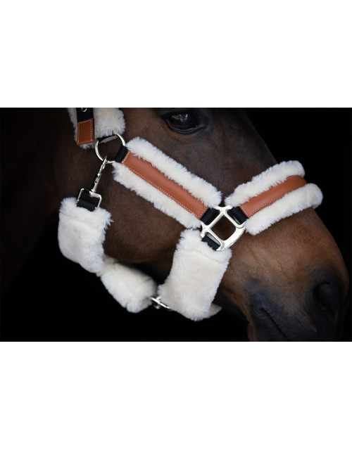 Padded horse halter with soft synthetic sheepskin and leather inserts.