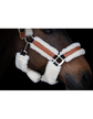 Padded horse halter with soft synthetic sheepskin and leather inserts.