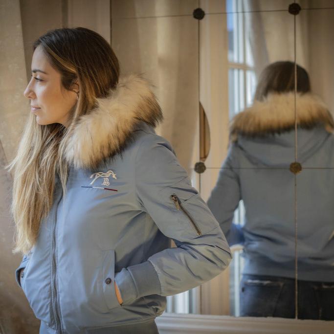 Penelope bomber jacket designed for horse riders and equestrian enthusiasts.