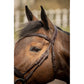 Penelope bridle with padded noseband and decorative patent leather trim.
