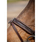 Padded horse bridle with V-shaped browband and wide noseband.