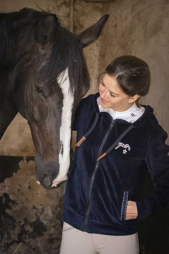 Penelope Emy Velvet Hoodie for women made from soft navy velvet.