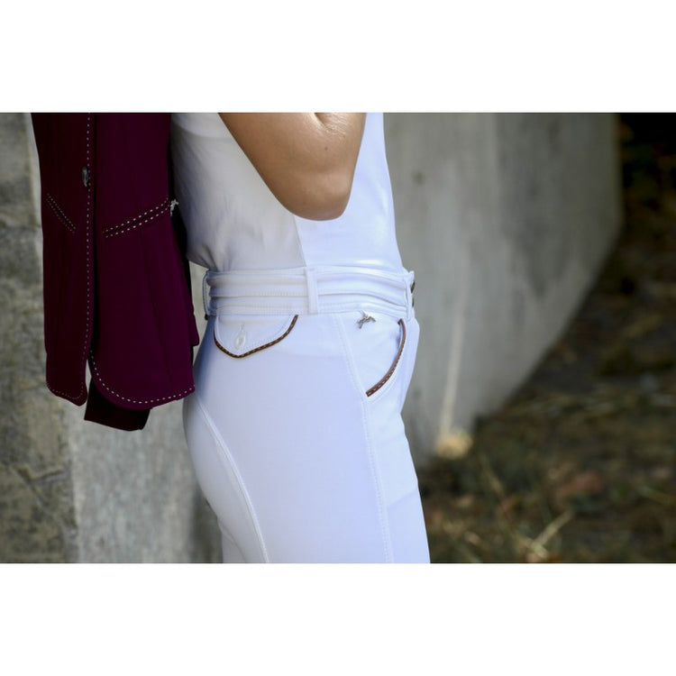 Penelope mid-rise knee grip breeches with decorative waist buttons.