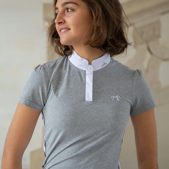 Penelope Moon Grey Competition Polo Shirt for women with feminine short sleeves.