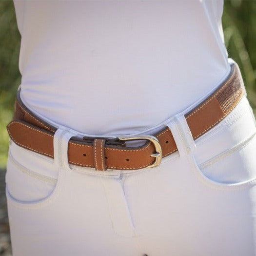 Penelope Pearlog leather belt with decorative beading and logo detail.