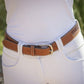 Penelope Pearlog leather belt with decorative beading and logo detail.