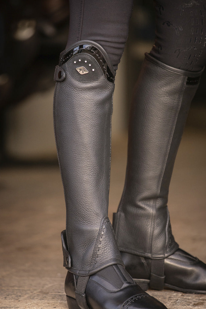 Penelope Prisca equestrian chaps with rhinestones and silver logo pin.