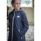 Penelope Rain Day riding jacket with distinctive blue, white and red zipper.