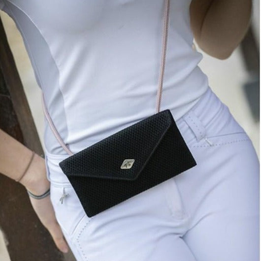 Equestrian phone holder for carrying a smartphone while riding.