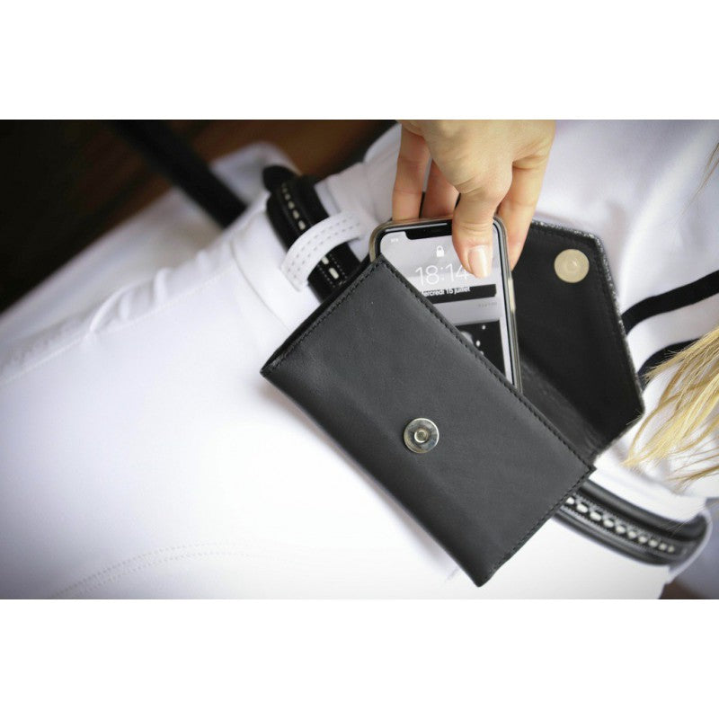Penelope rider phone pouch for keeping a mobile phone within reach.