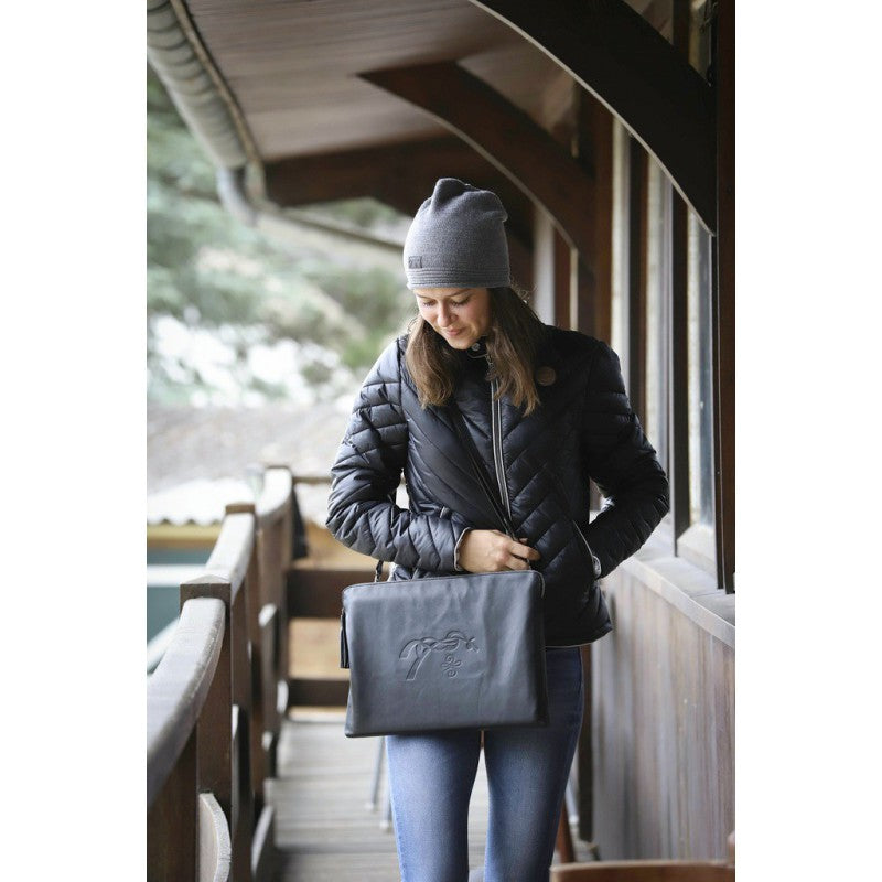 Penelope Thin Pocket laptop bag with silver zip and leather detailing.