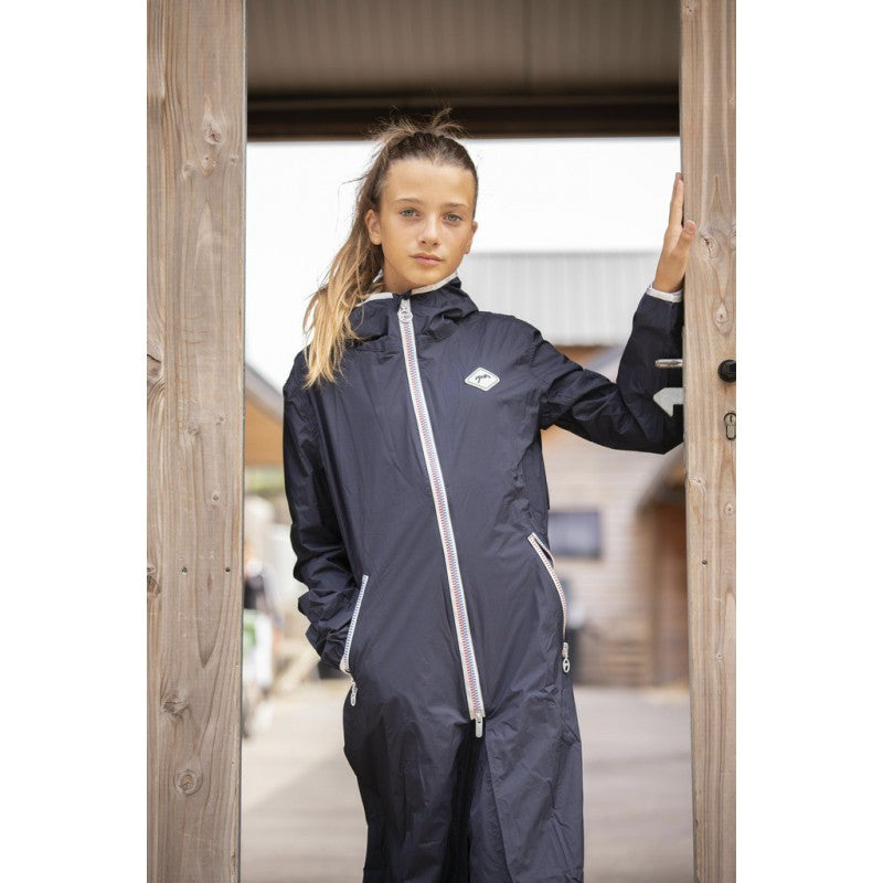 Rain coat for horse riders with a long protective design.