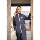Rain coat for horse riders with a long protective design.