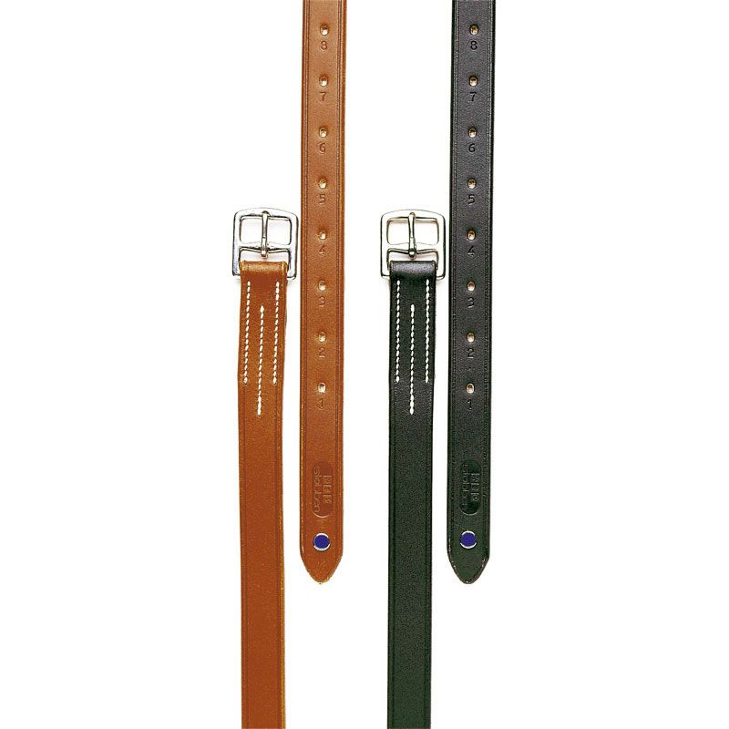 Full-length view of a pair of Stübben equestrian stirrup leathers.