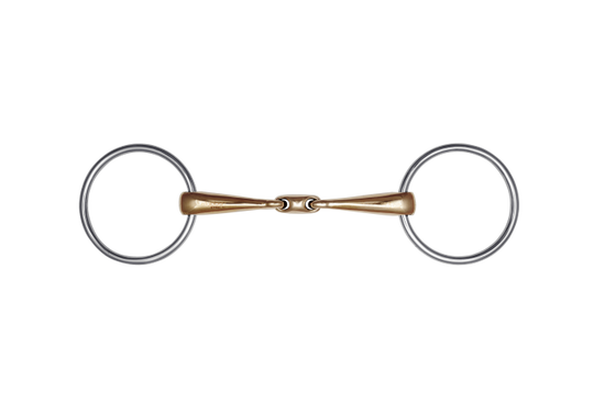 Double-broken centre of the Stübben snaffle displayed clearly in an overhead product image.