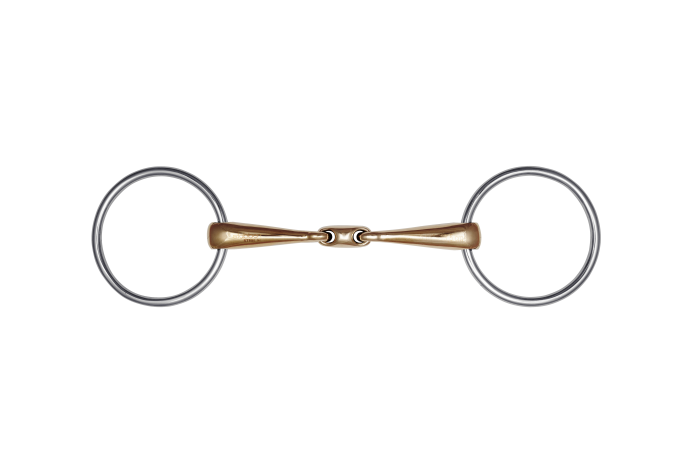 Double-broken centre of the Stübben snaffle displayed clearly in an overhead product image.